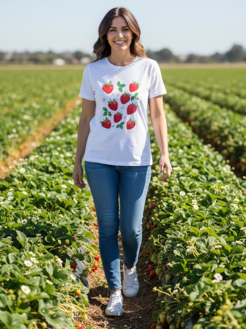 NEW Red Strawberry Strawberries Rhinestone White Flower Bumble Bee Black T-Shirt